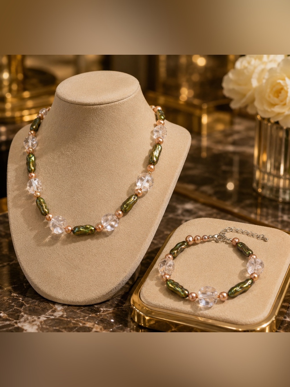 Rock Crystal Quartz 350.00 ctw Green Champagne Keshi Pearl Necklace & Bracelet